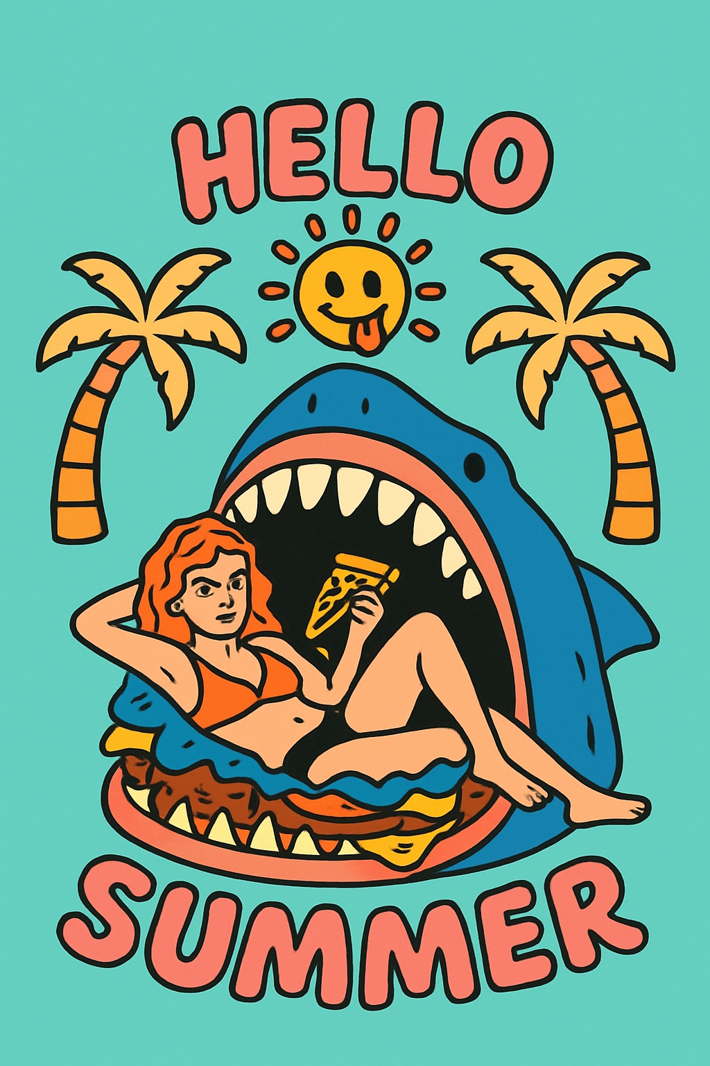Playful Shark Summer Vibes with Sun and Palm Trees T-Shirt