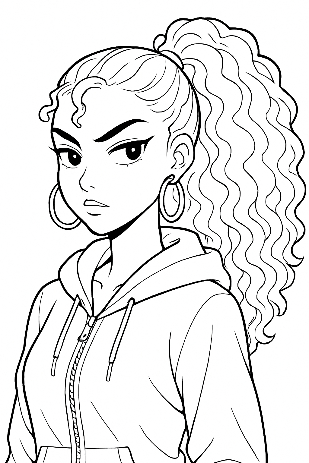 Anime-Inspired Young Woman with Curly Hair Line Drawing Coloring Book Page