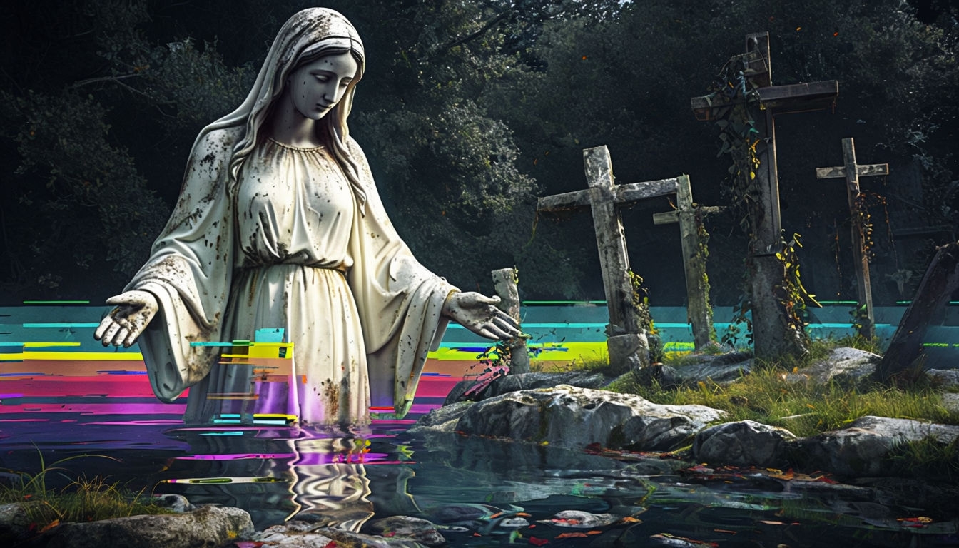 Surreal Statue of Mary with Neon Reflection Virtual Background