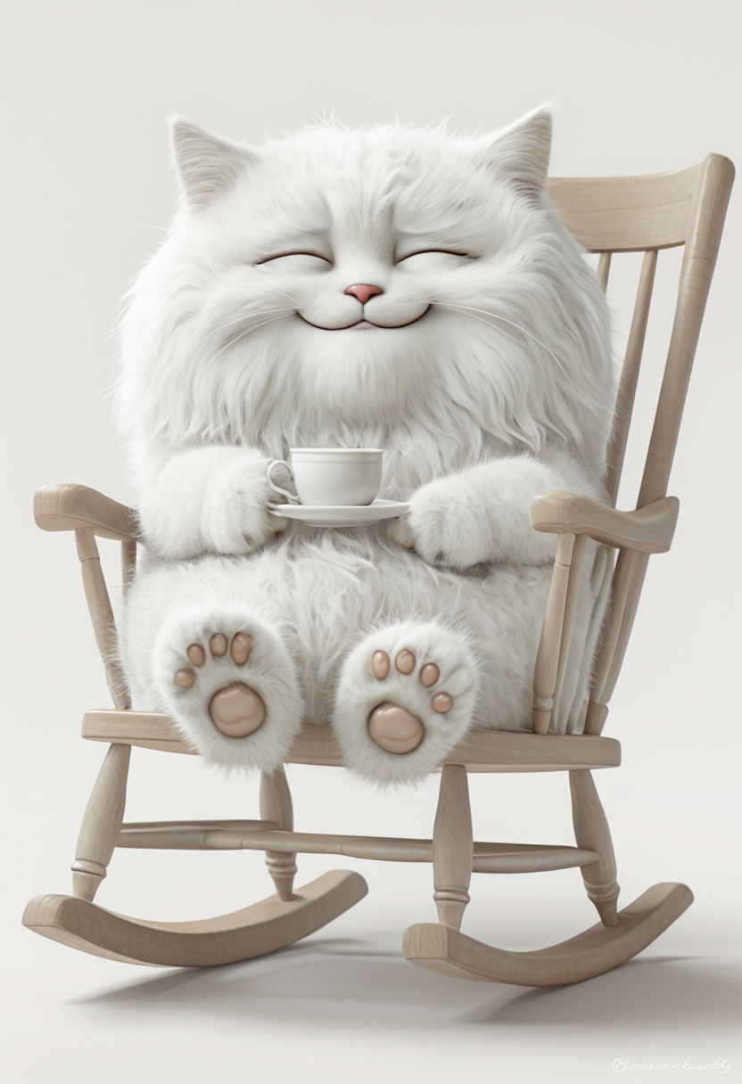 Fluffy White Cat in a Rocking Chair with Cup Illustration Art