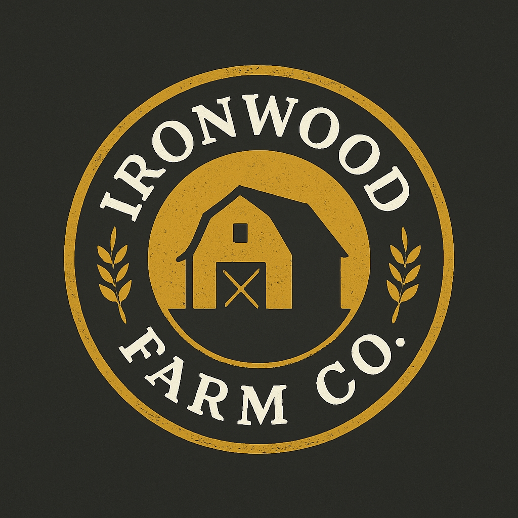 Vintage Ironwood Farm Co. Logo with Barn and Wheat Stalks