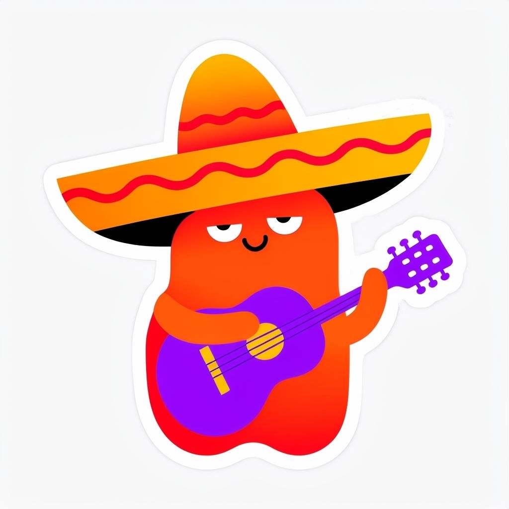 Vibrant Cartoon Character with Sombrero and Guitar Sticker