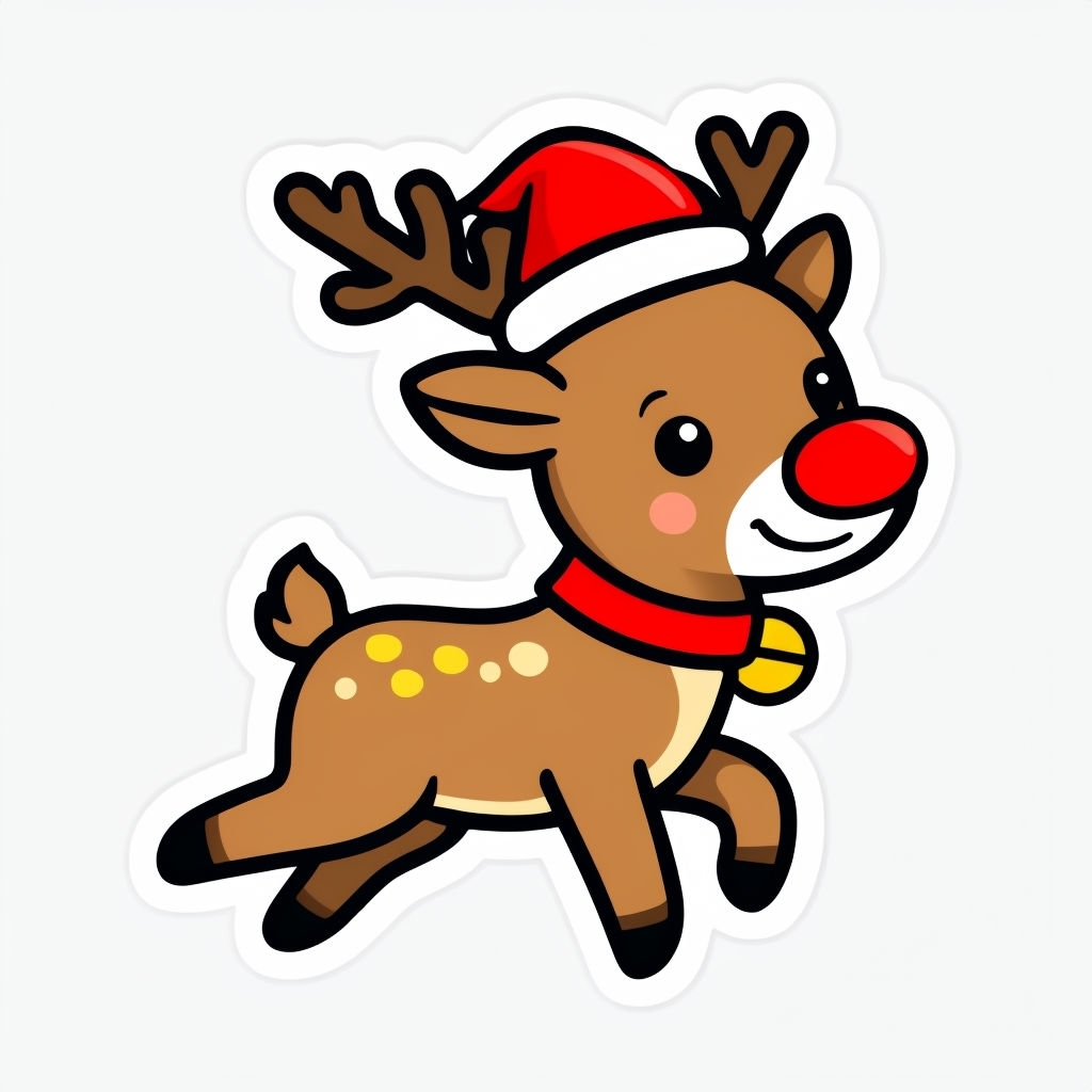 Cute Cartoon Reindeer with Santa Hat Holiday Sticker