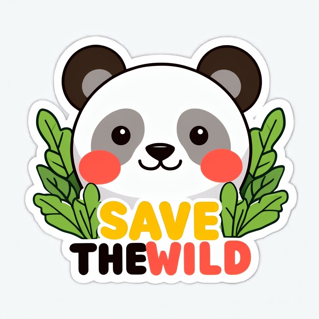 Cheerful Cartoon Panda Face with Save The Wild Text Sticker