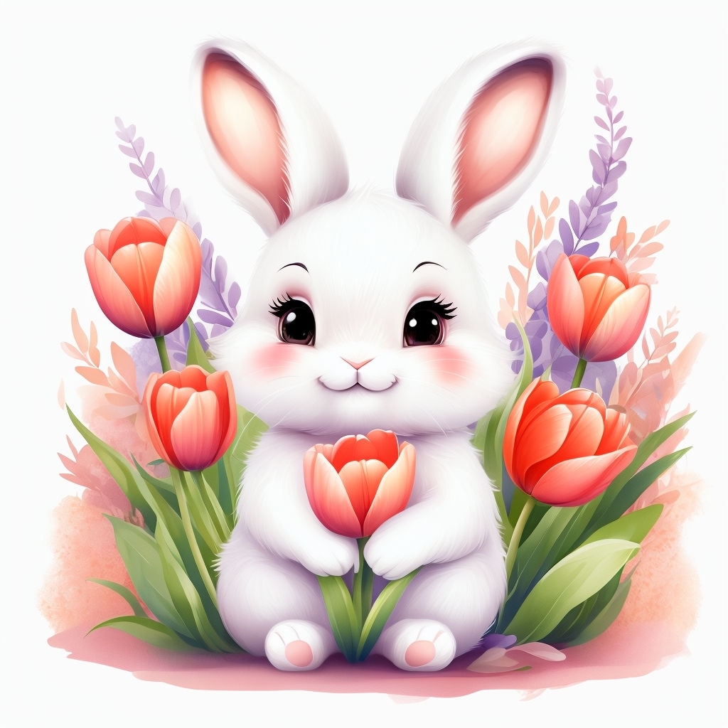 Whimsical Cute Bunny with Tulips Digital Illustration Mug