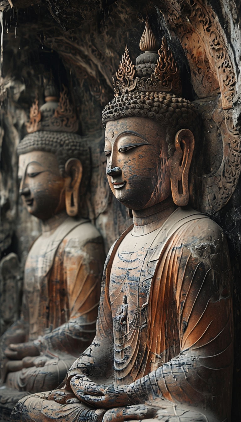 Serene Close-Up of Ancient Stone Buddha Statues in Rocky Cave Art