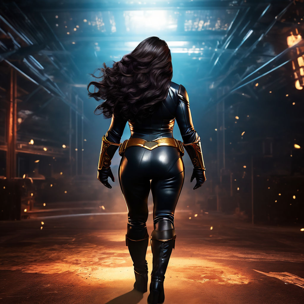 Busty thicc big boobs Brunette latina whith curly long and brown hair  wearing a black and golden jaguar spandex super hero suit