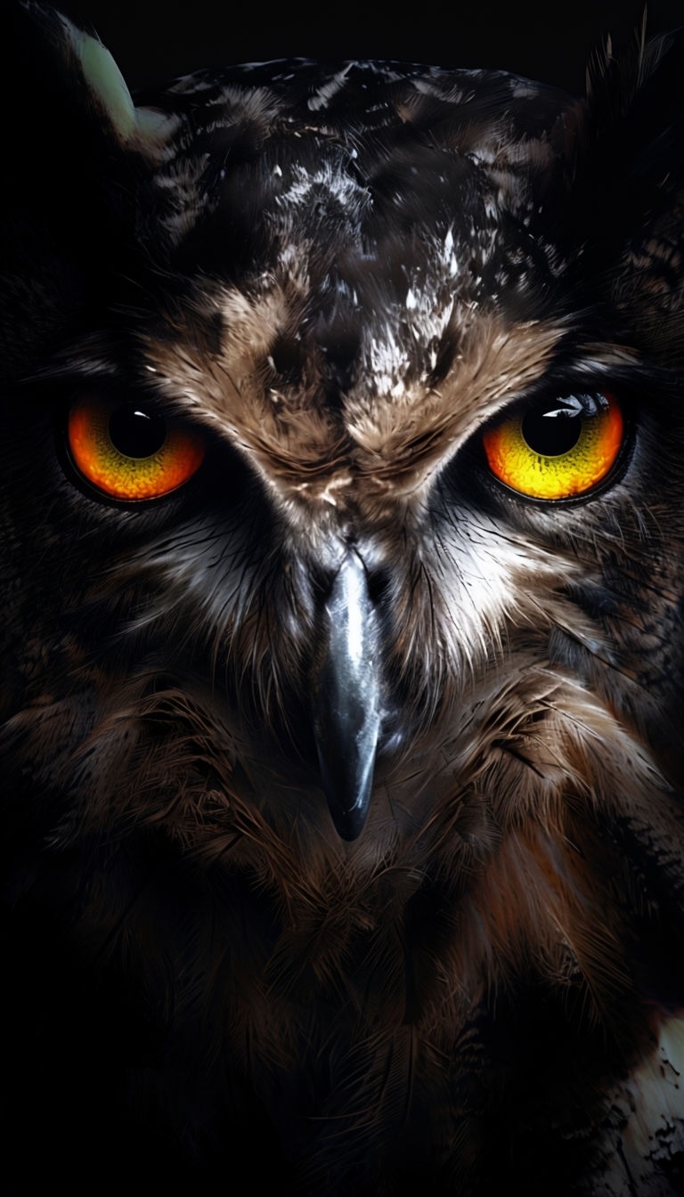 Intense Close-Up of Owl's Face with Neon Yellow Eyes Mobile Wallpaper