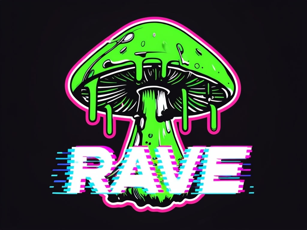 Neon Green Mushroom with RAVE Text Cyberpunk T-Shirt