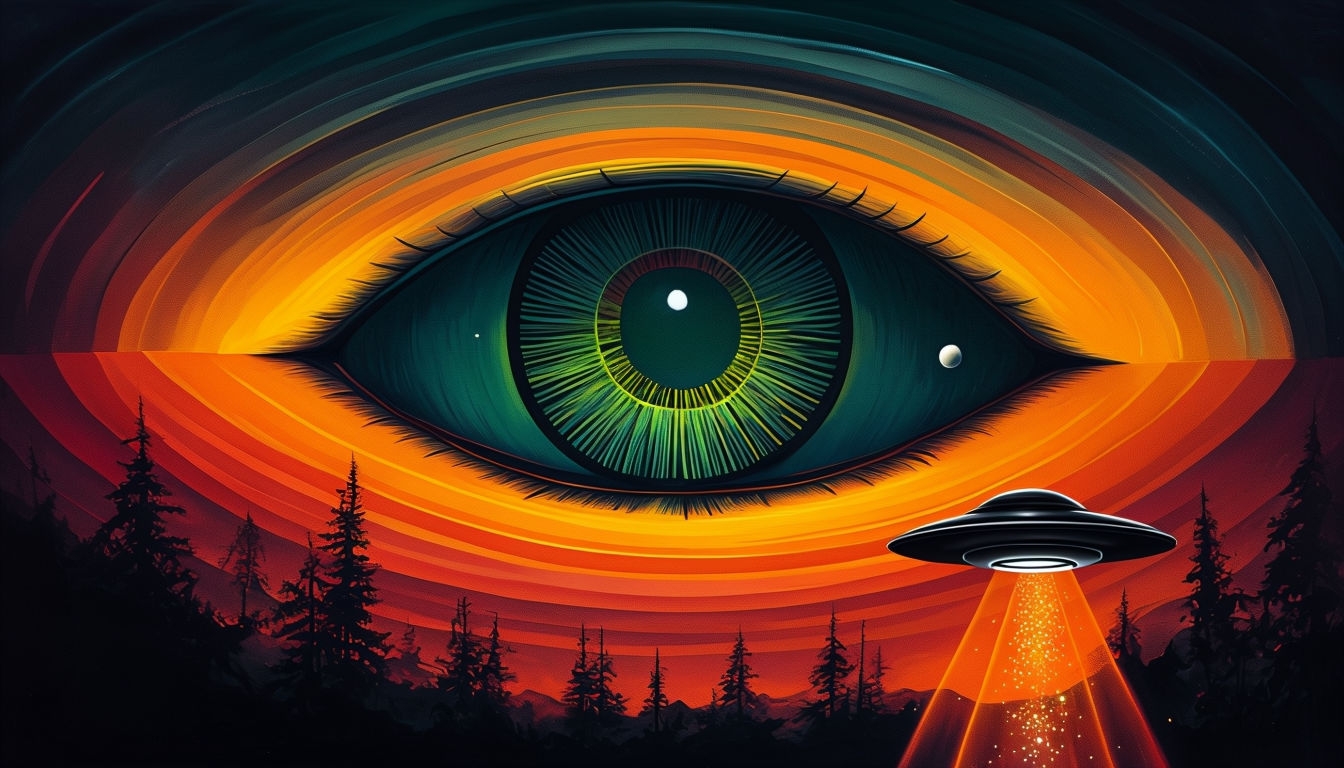 Surreal Cat Eye with UFO and Vibrant Sunset Background Art // Virtual Backgrounds