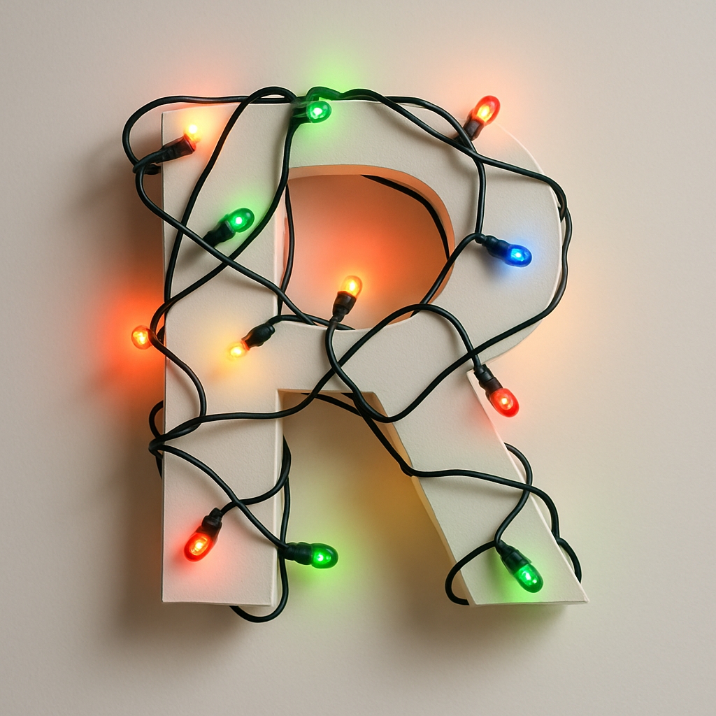 Festive 3D Letter R Adorned with Christmas Lights Artwork Monogram