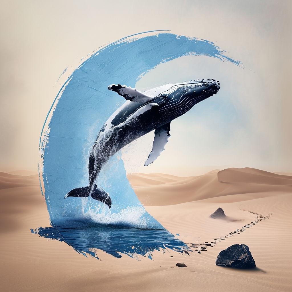 Surreal Humpback Whale Leaping in Desert Landscape Art