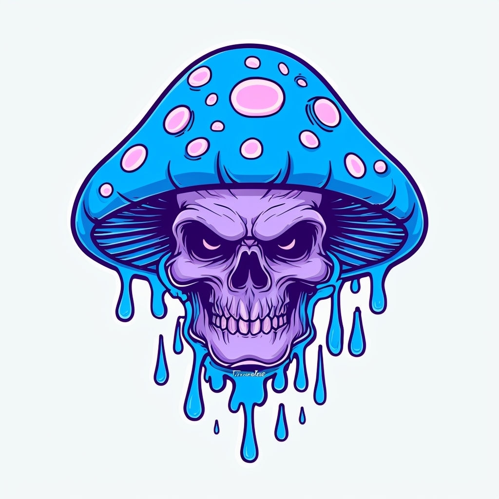 Psychedelic Skull and Mushroom Cartoon Illustration Sticker