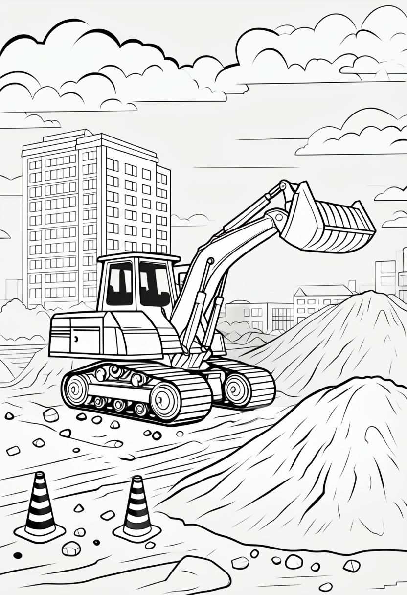 Active Construction Site with Tractor Line Drawing Coloring Book Page