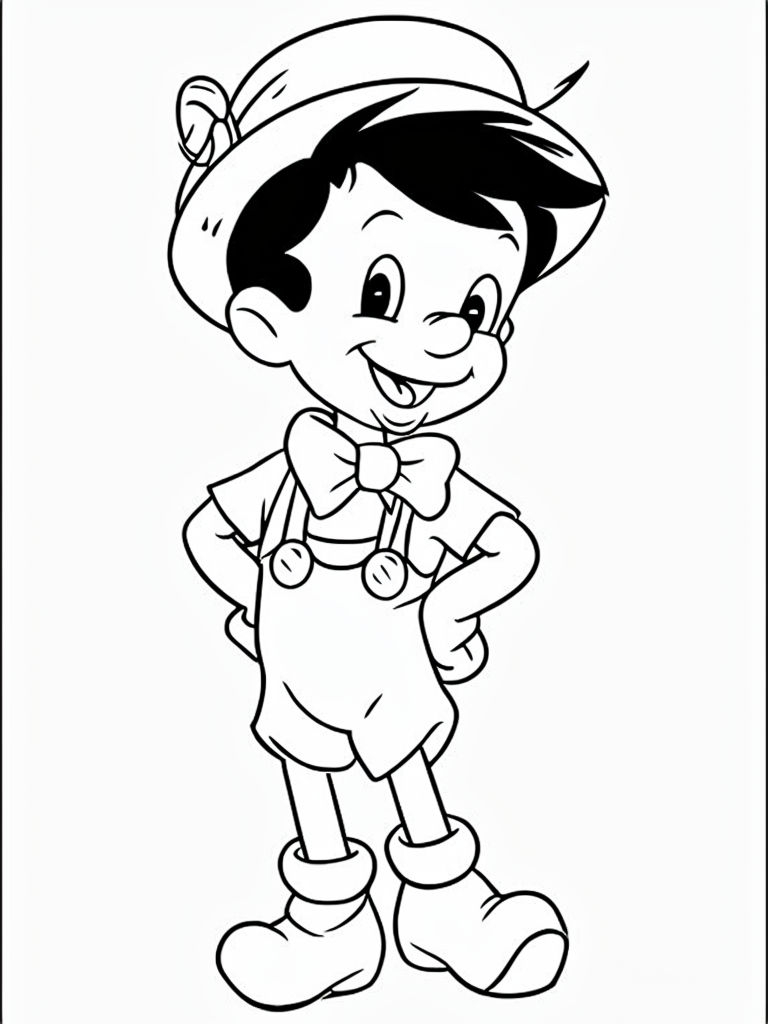 Cheerful Pinocchio Line Art Illustration for Coloring Book Pages