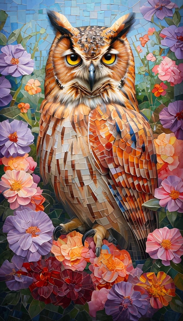 Vibrant Mosaic Owl Surrounded by Flowers Art