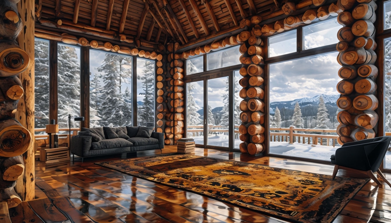 Cozy Rustic Cabin Interior with Snowy Forest View Art