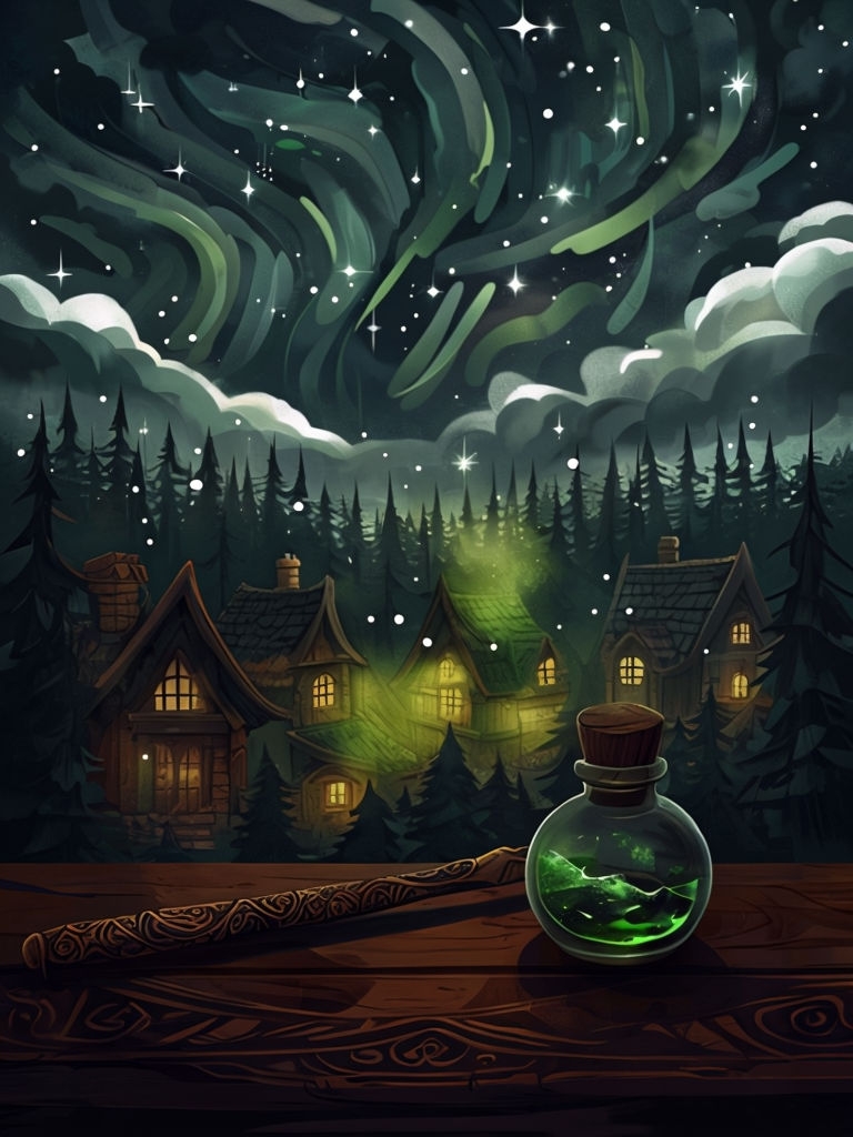 Mystical Nighttime Forest Village Illustration Art