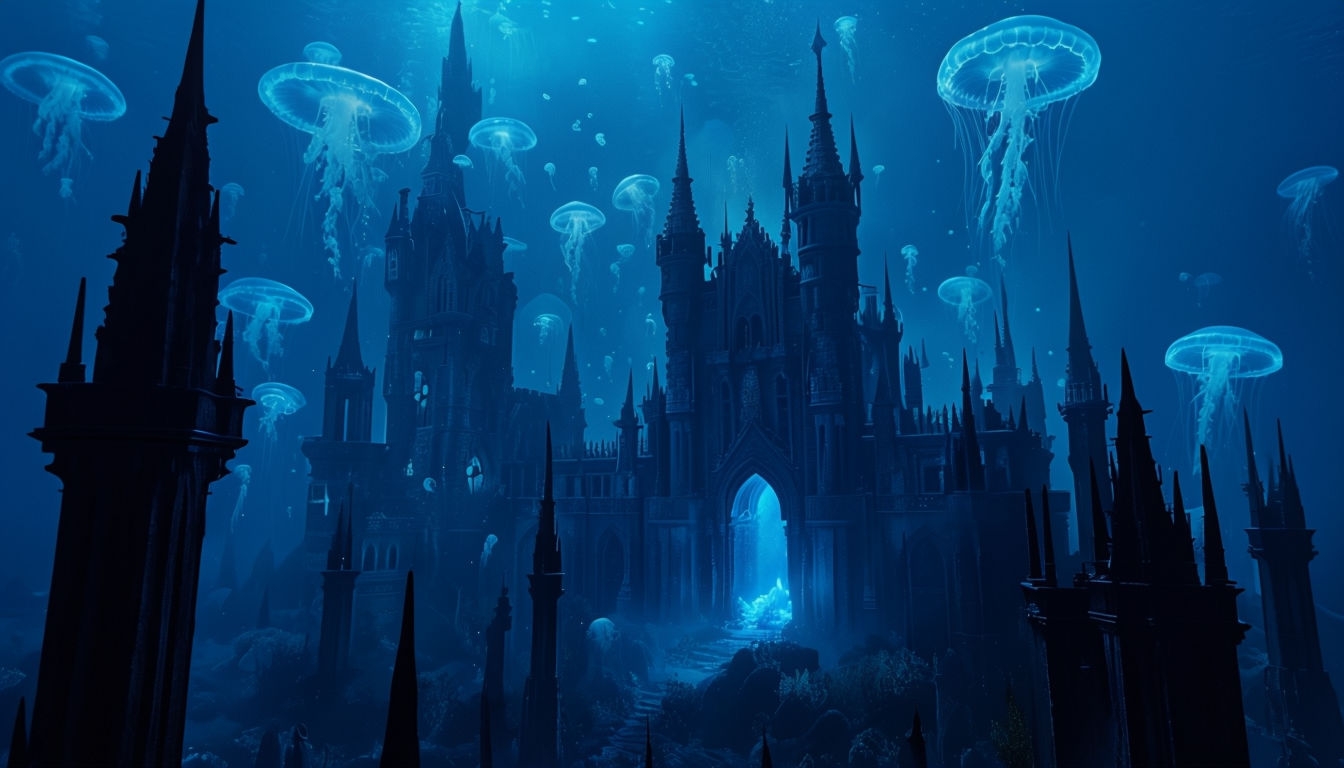 Mystical Underwater Castle Fantasy Scene with Glowing Jellyfish Virtual Backgrounds