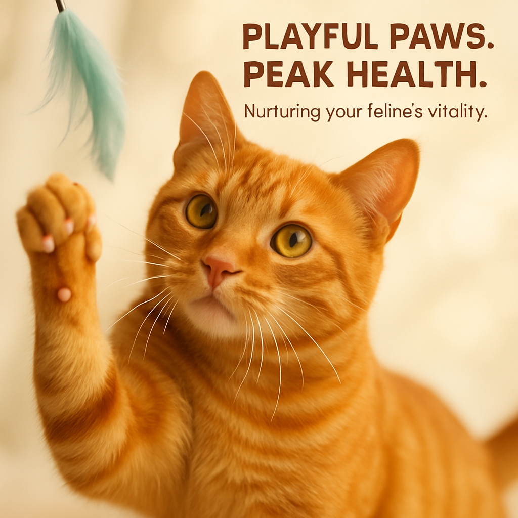 Playful Orange Tabby Cat with Teal Feather Toy Advertisement