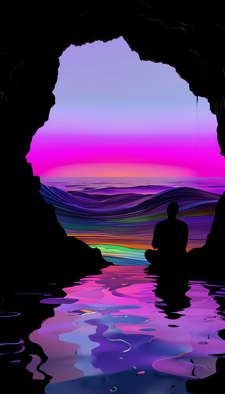 Surreal Cave Sunset Reflection with Vibrant Ocean Colors Mobile Wallpaper