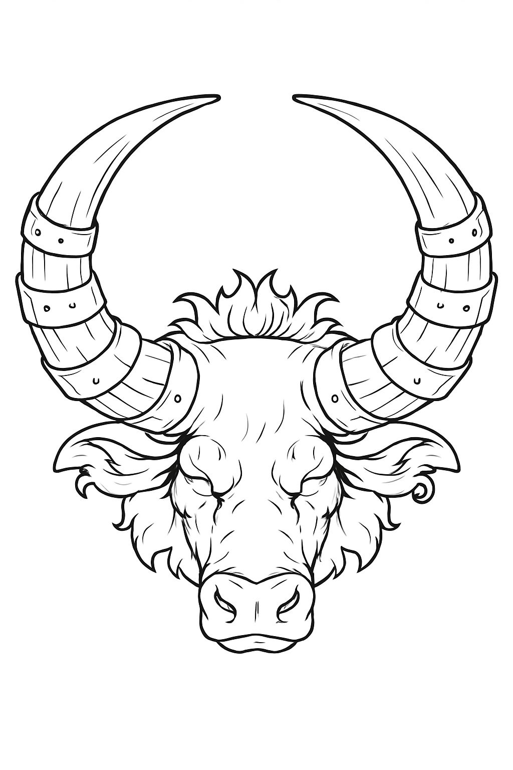 Detailed Black-and-White Ox Head Line Art Coloring Page