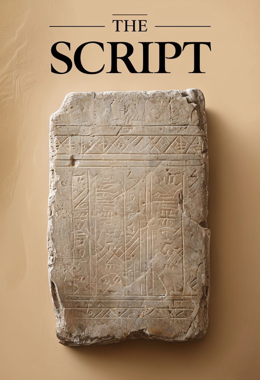 Ancient Stone Tablet with Intricate Carvings and Script Poster