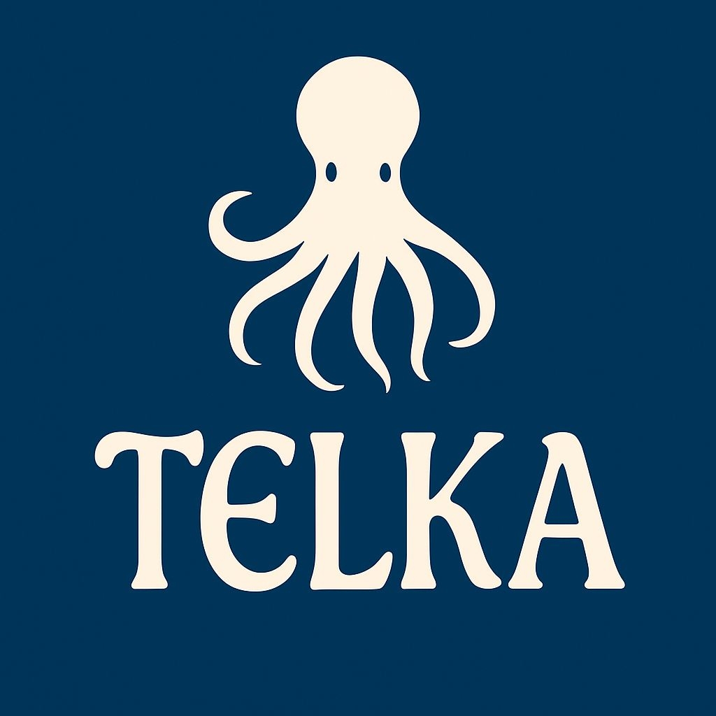Minimalist Cream Octopus TELKA Logo Design on Navy Background