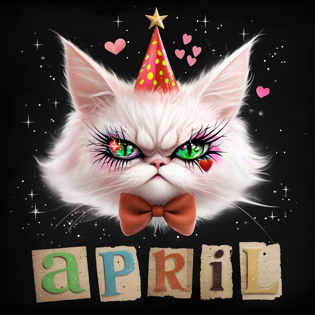 Whimsical White Cat Wearing Party Hat and Red Bowtie with Sparkles Social Media Post