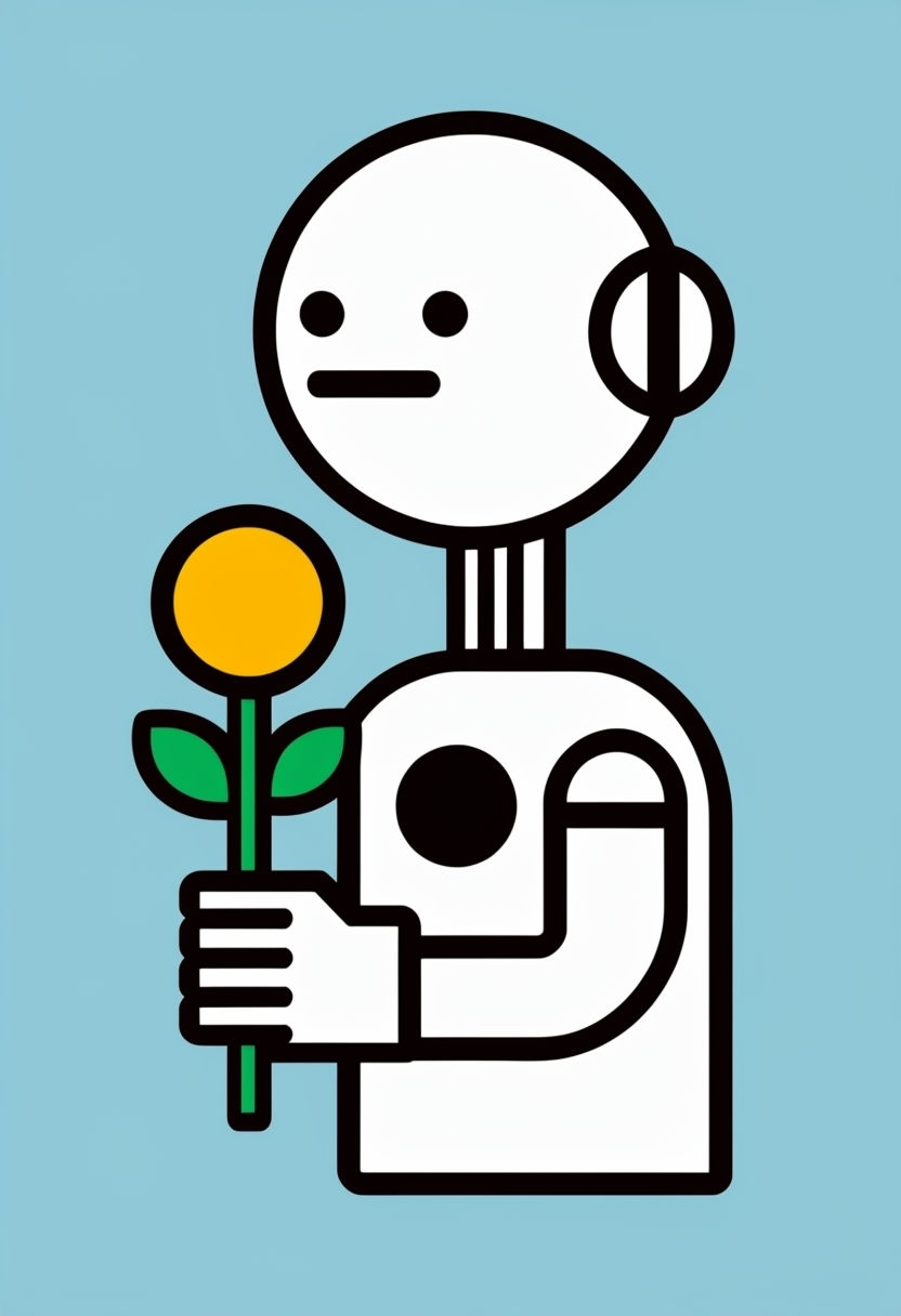 Quirky Robot Holding Flower in Flat Design T-Shirt