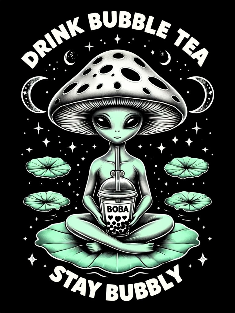 Whimsical Alien Holding Boba Tea on Mint Green Lotus T-Shirt
