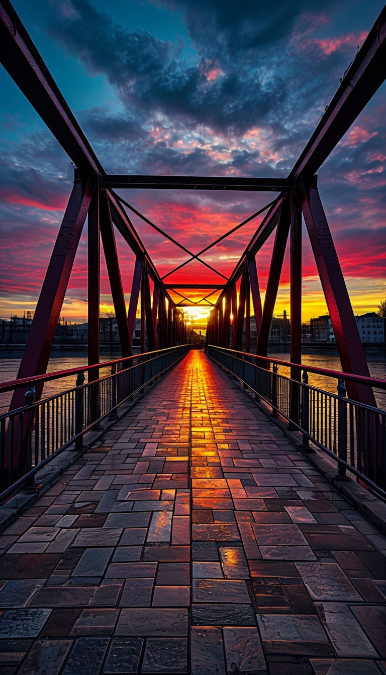 Vibrant Sunset Over Steel Pedestrian Bridge Photograph Art