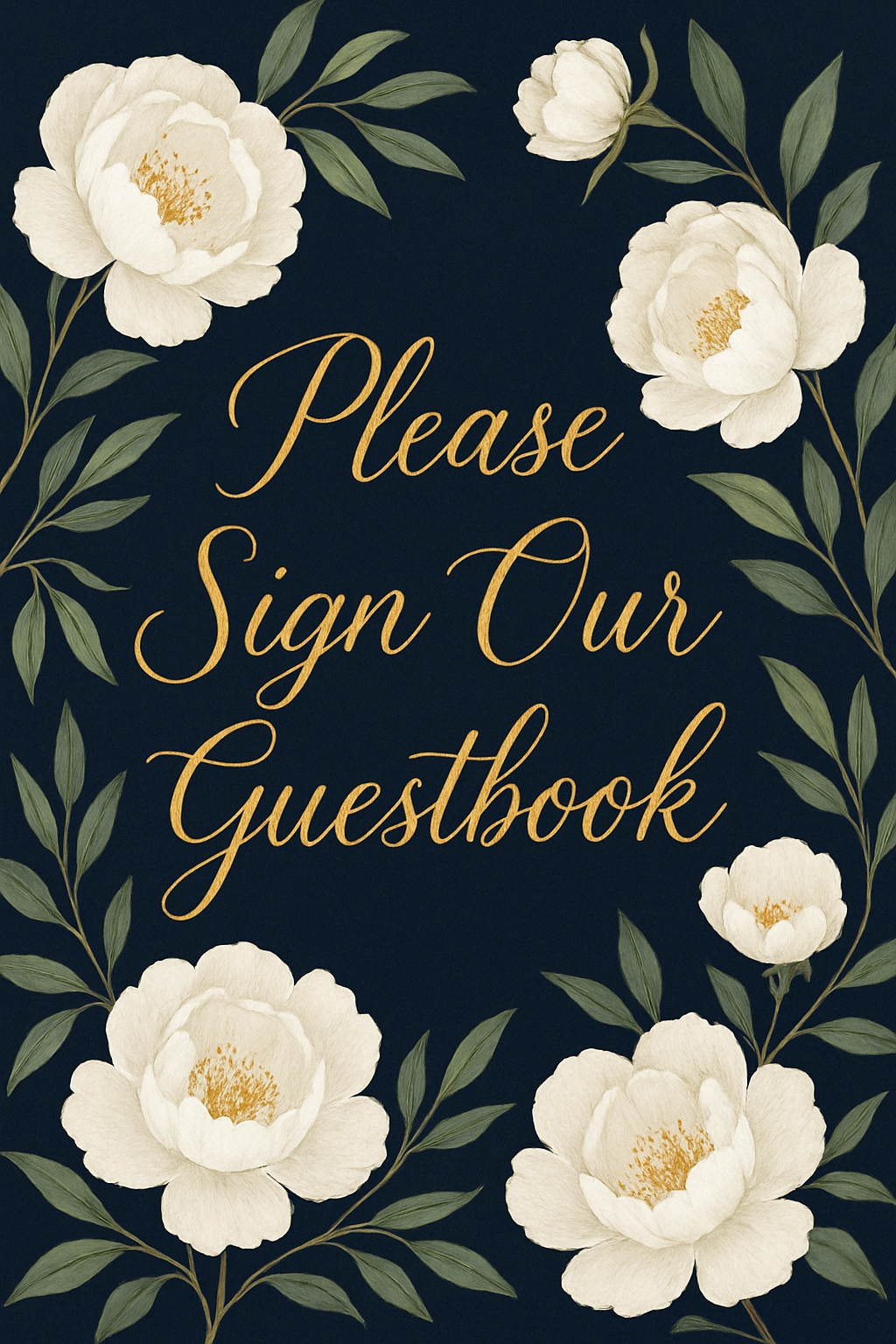 Elegant Floral Guestbook Sign on Navy Blue Background Event Sign
