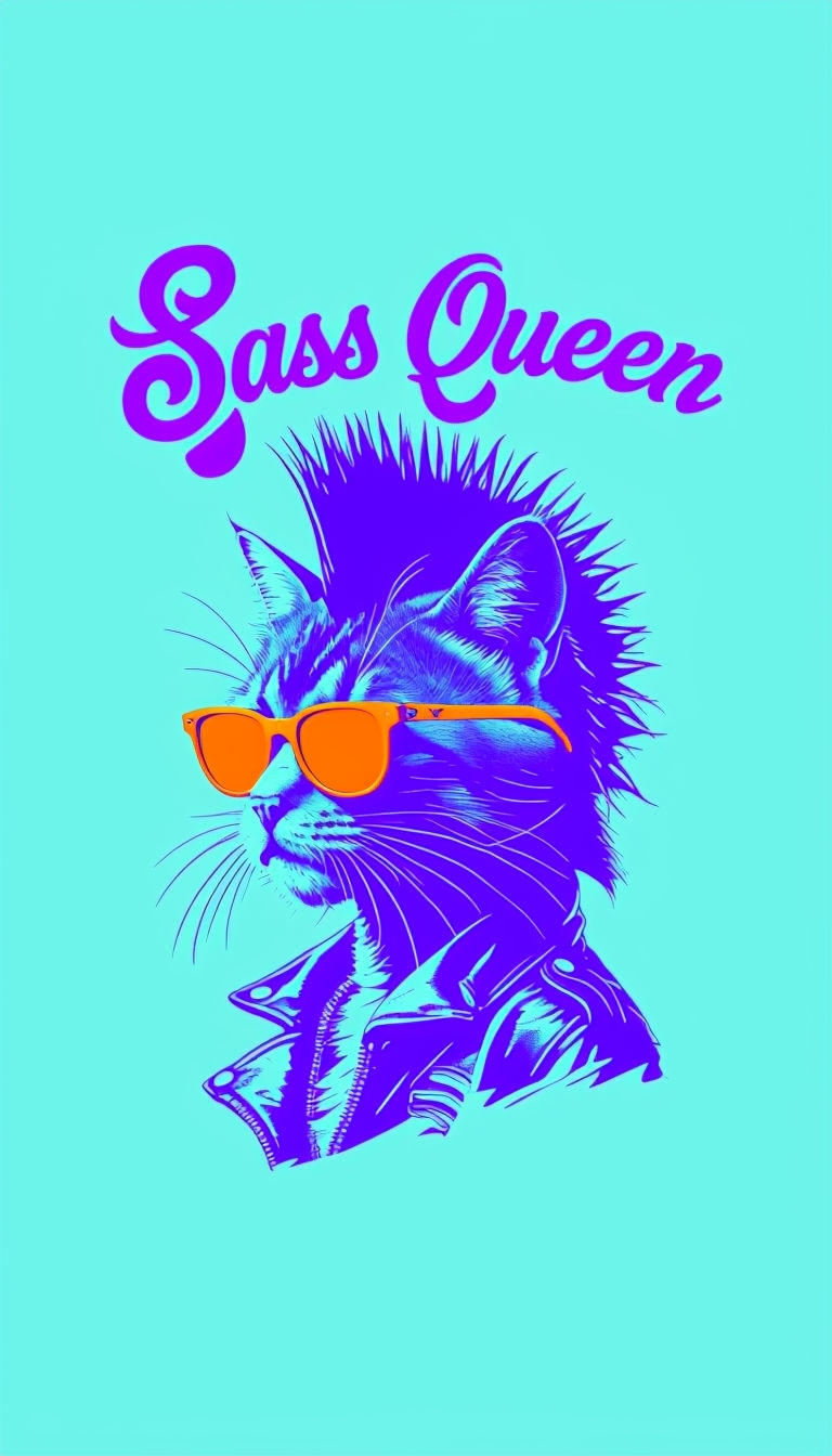 Punk Rock Sass Queen Cat Illustration T-Shirt