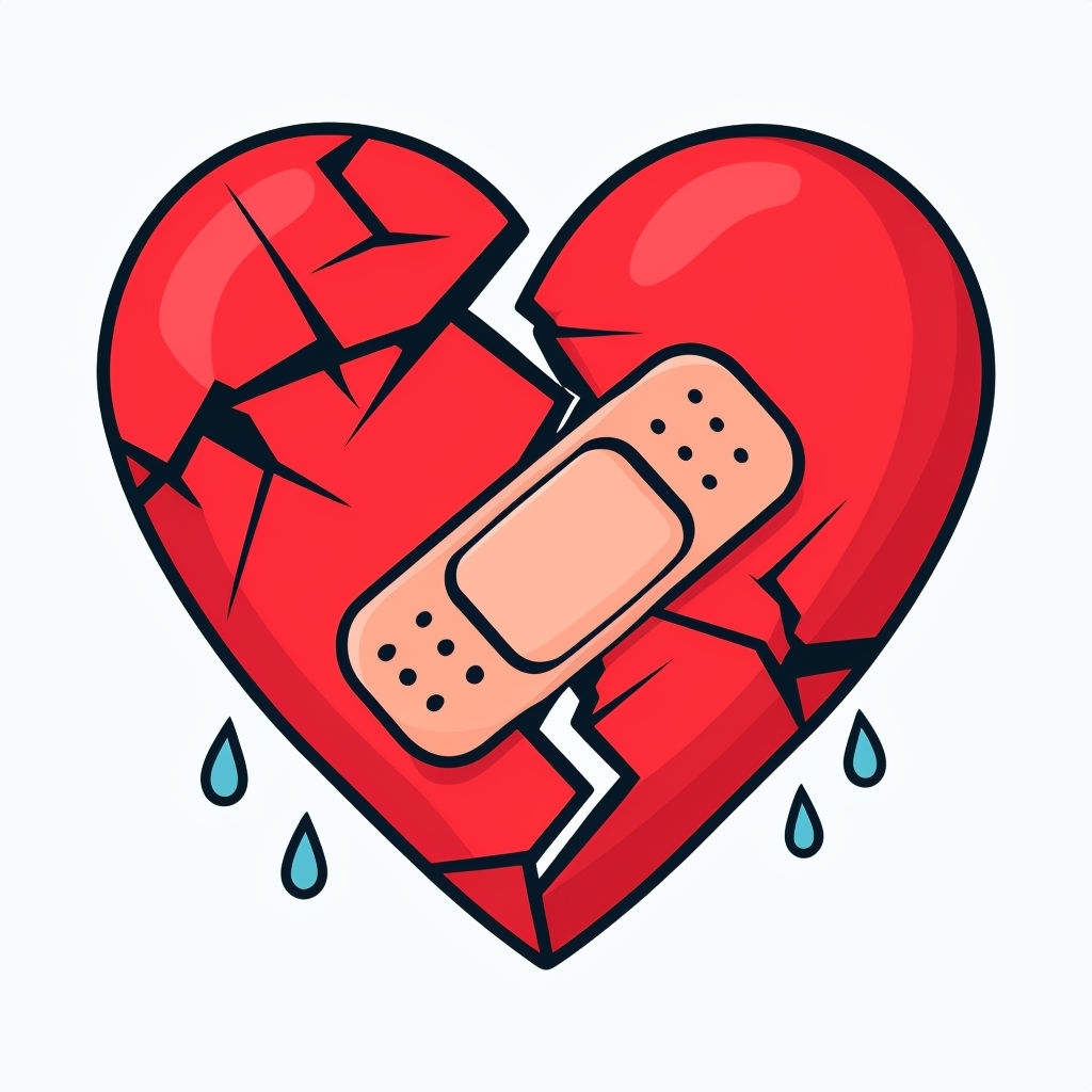Broken Red Heart with Band-aid Cartoon Illustration Sticker
