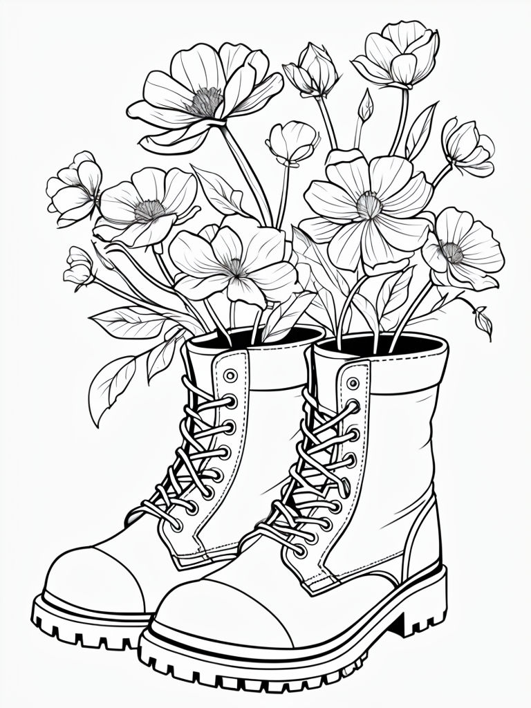 Intricate Combat Boots and Whimsical Flowers Coloring Page