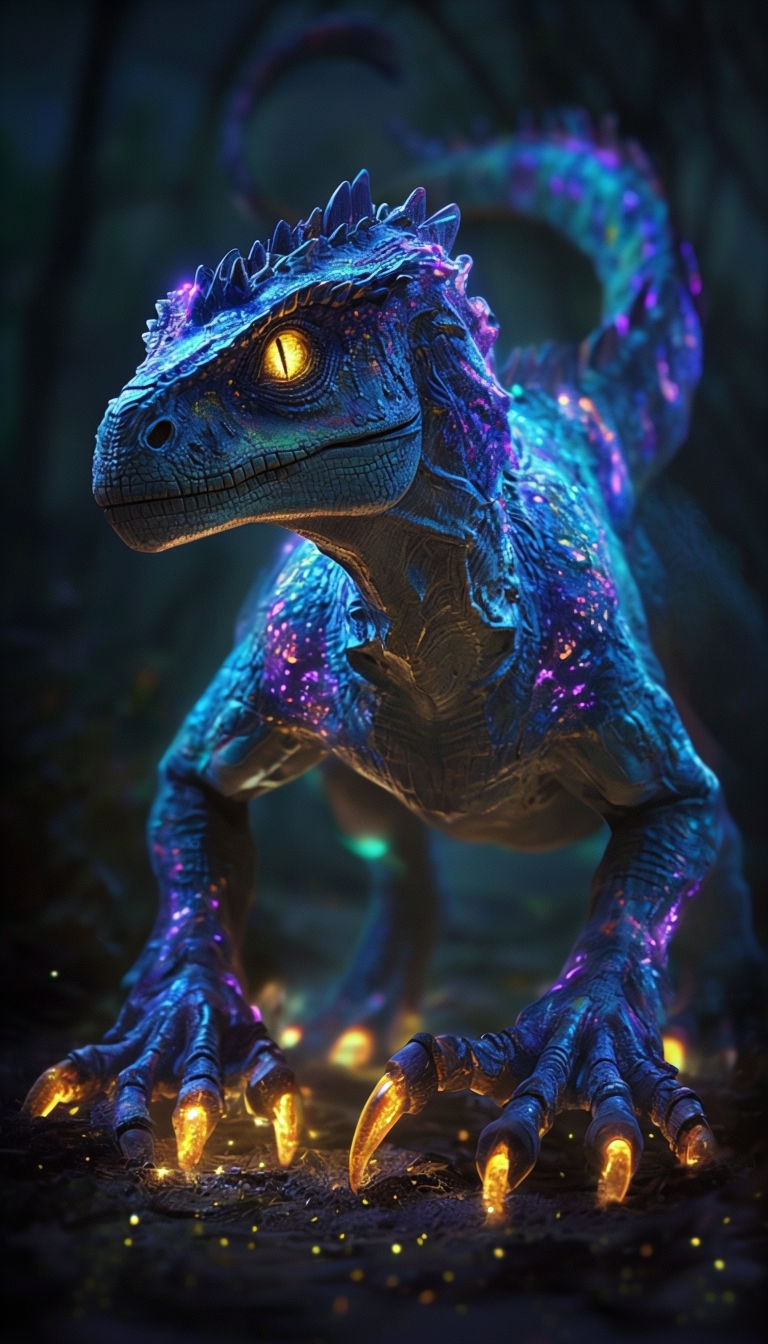Vivid Blue Dinosaur with Glowing Features Fantasy Artwork Mobile Wallpaper