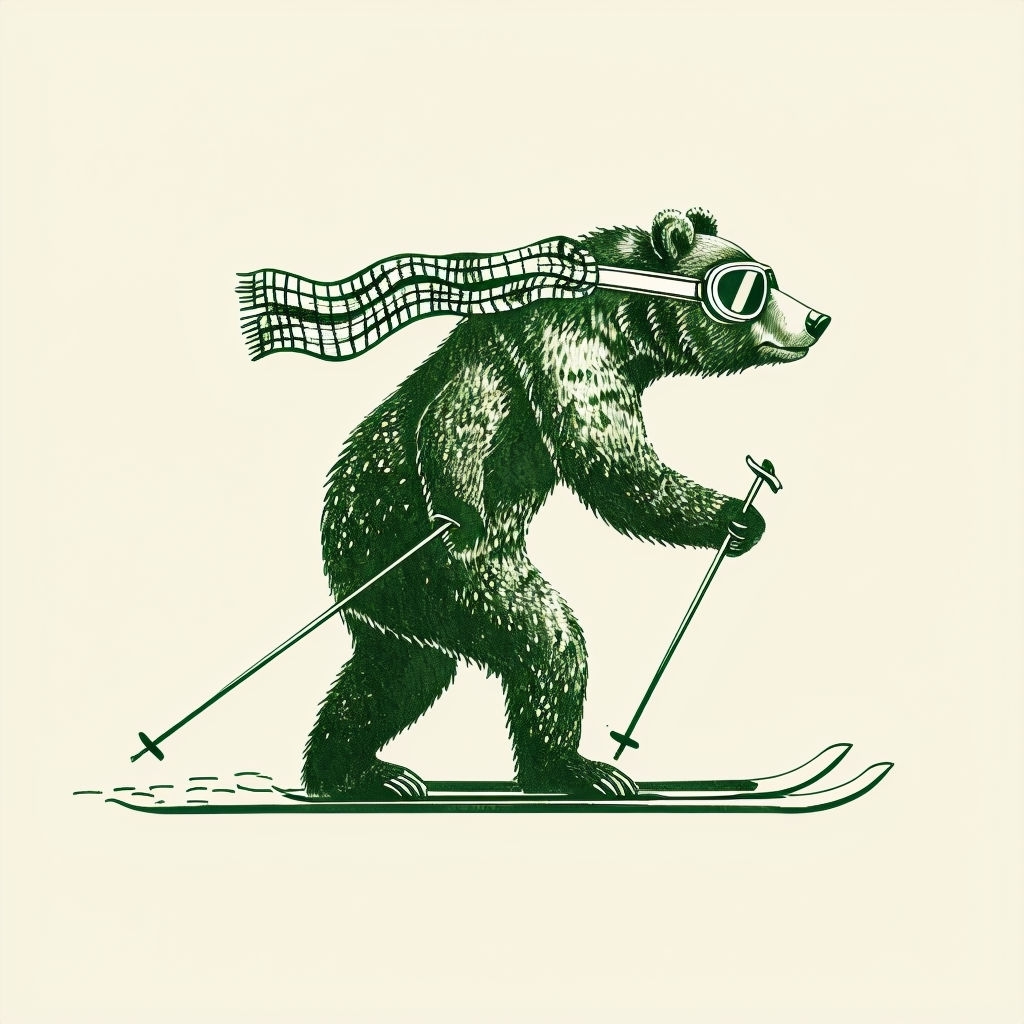 Whimsical Skiing Bear Illustration on Cream Background Sticker