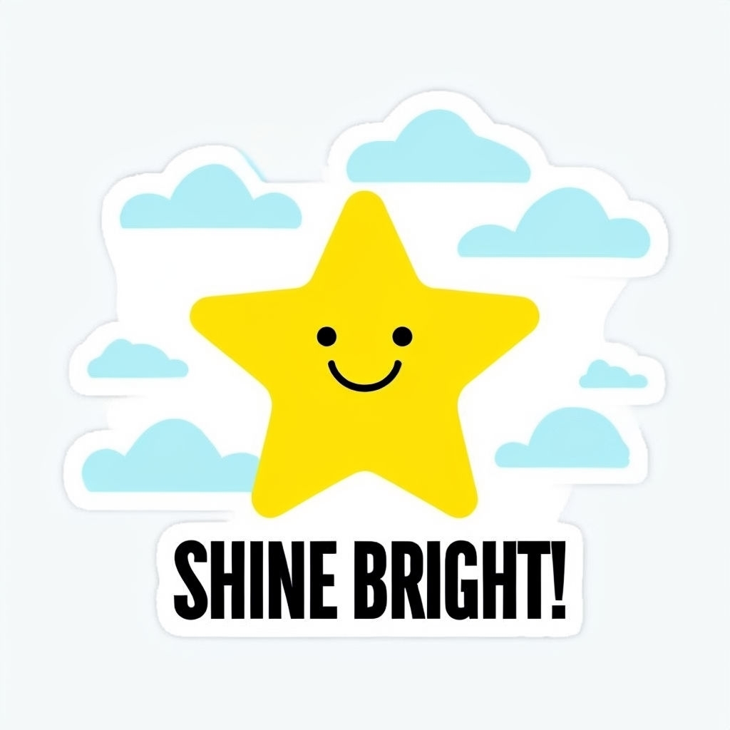 Bright Yellow Star with Clouds and Smile Sticker