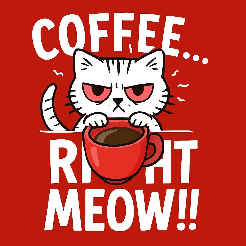 Grumpy White Cat with Coffee Cartoon Illustration Mug