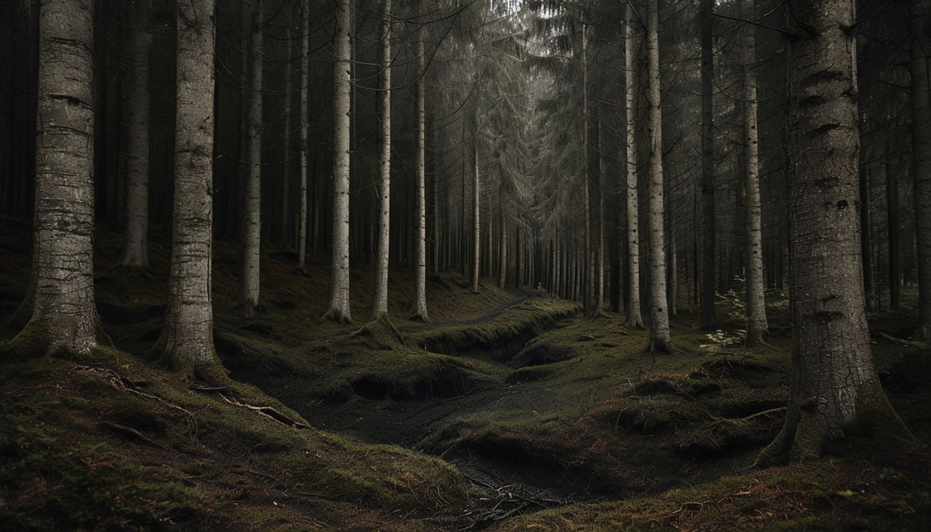 Mysterious Dark Forest Landscape with Textured Trees Background