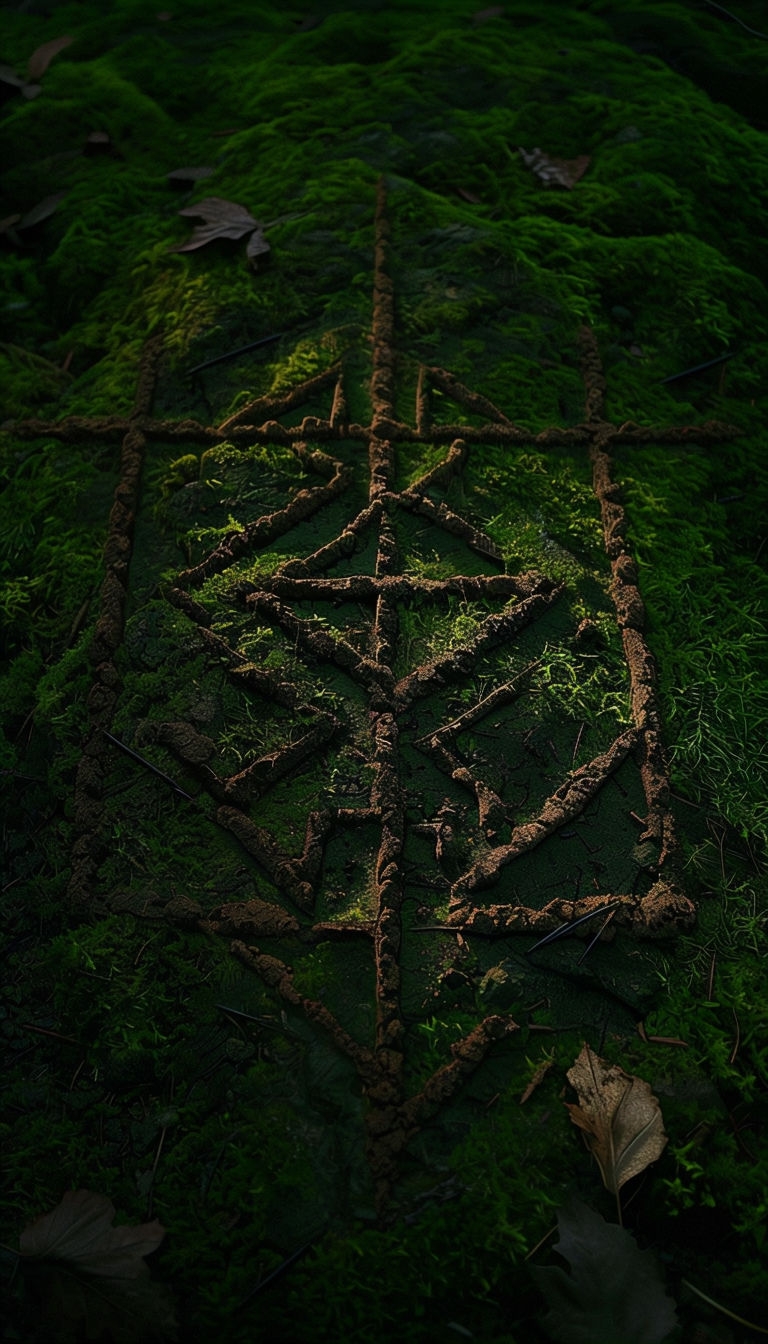 Creepy Dark Forest Floor with Geometric Sigil Mobile Wallpaper