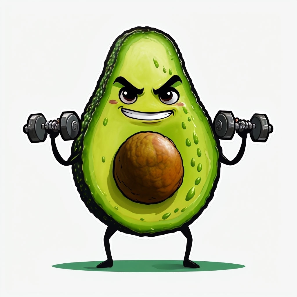 Determined Cartoon Avocado Character Lifting Weights Sticker