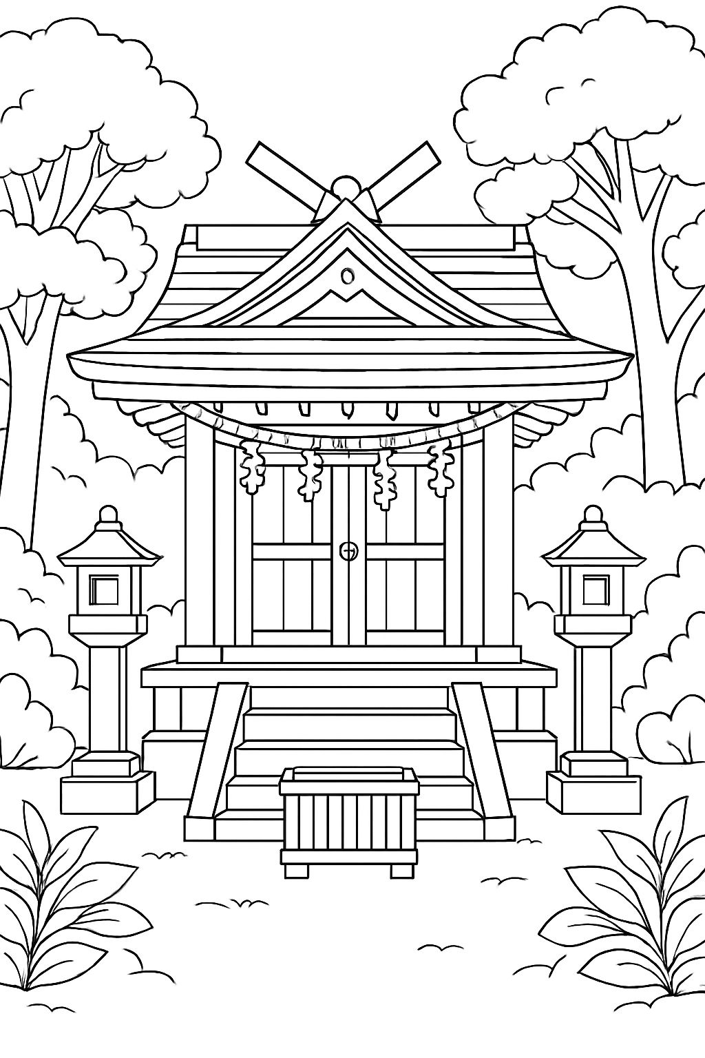 Traditional Japanese Shrine Line Drawing for Coloring Book Pages