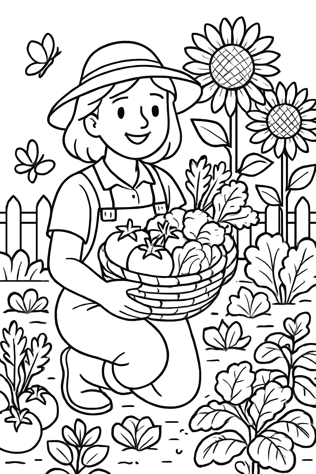 Cheerful Gardening Scene with Happy Farmer Coloring Page