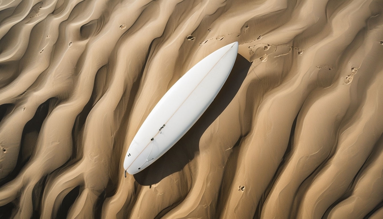 Elegant Minimalist Surfboard on Sandy Beach Mockup