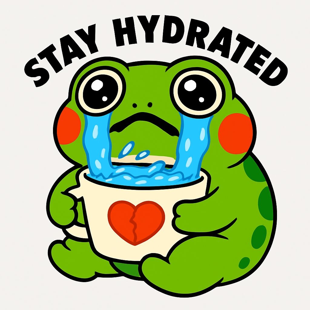 Sad Frog with Tears and Stay Hydrated Text Kawaii Sticker