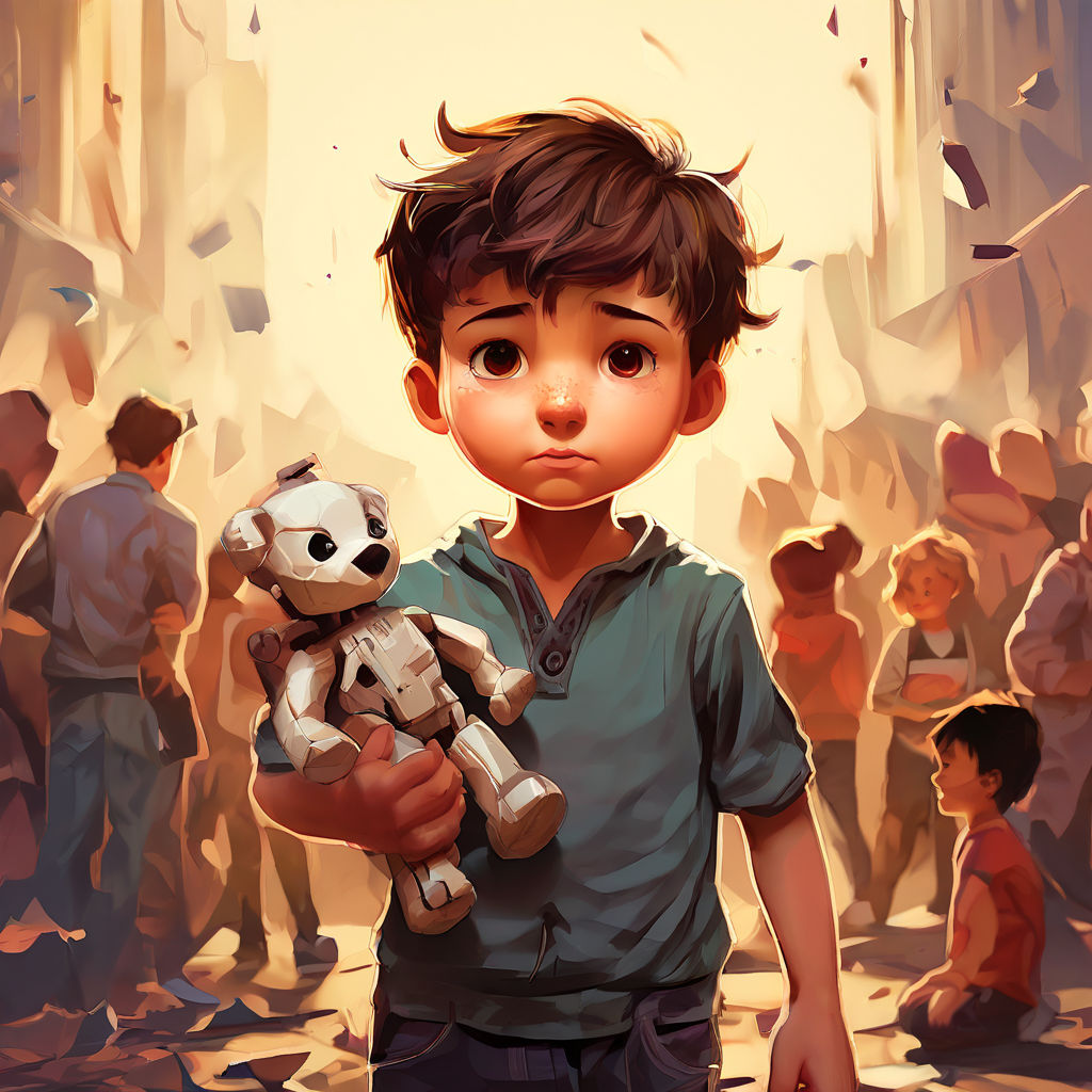 An illustrated boy holding a broken toy in his hand and peop... by