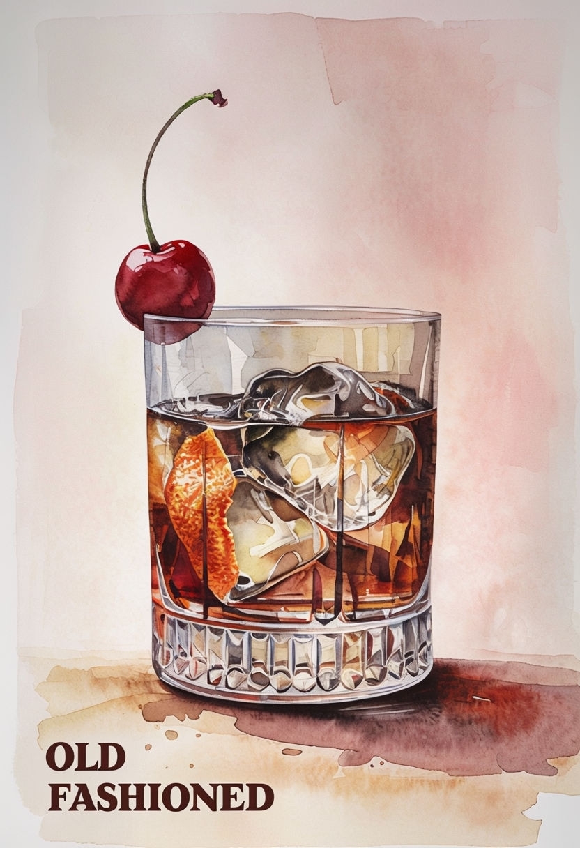 Vintage Watercolor Old Fashioned Cocktail Illustration Poster