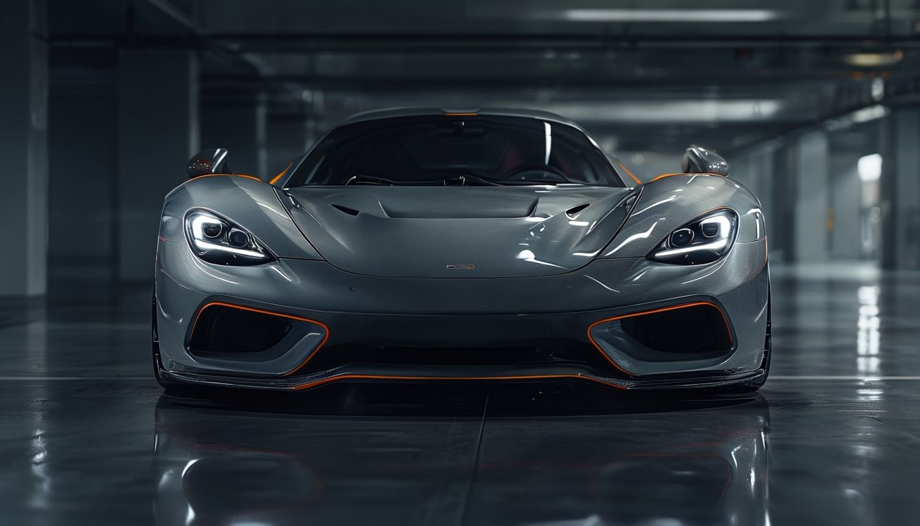 Sleek Gray Sports Car with Orange Accents in Futuristic Garage Virtual Backgrounds